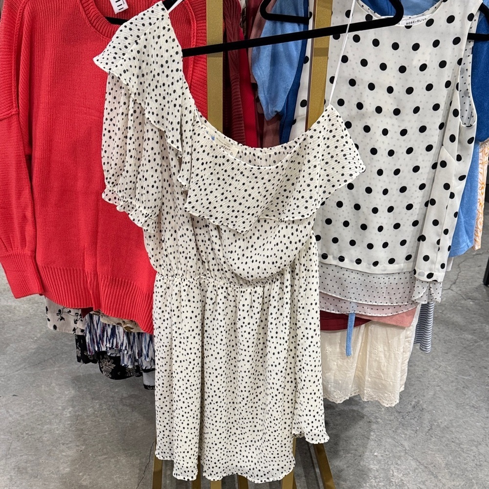Polka Dot One-Shoulder Ruffle Dress - Ivory/Black